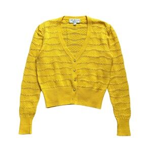 St. John Collection Marie Gray Yellow Pointelle Knit Cardigan Gold Buttons SZ 6